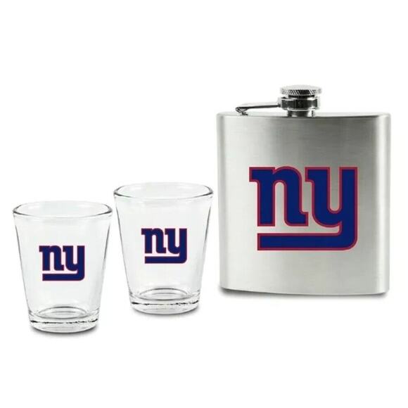 NEW YORK GIANTS Flask + 2 Shot Glasses Set Brushed Stainless Steel NFL Portable - Picture 2 of 5
